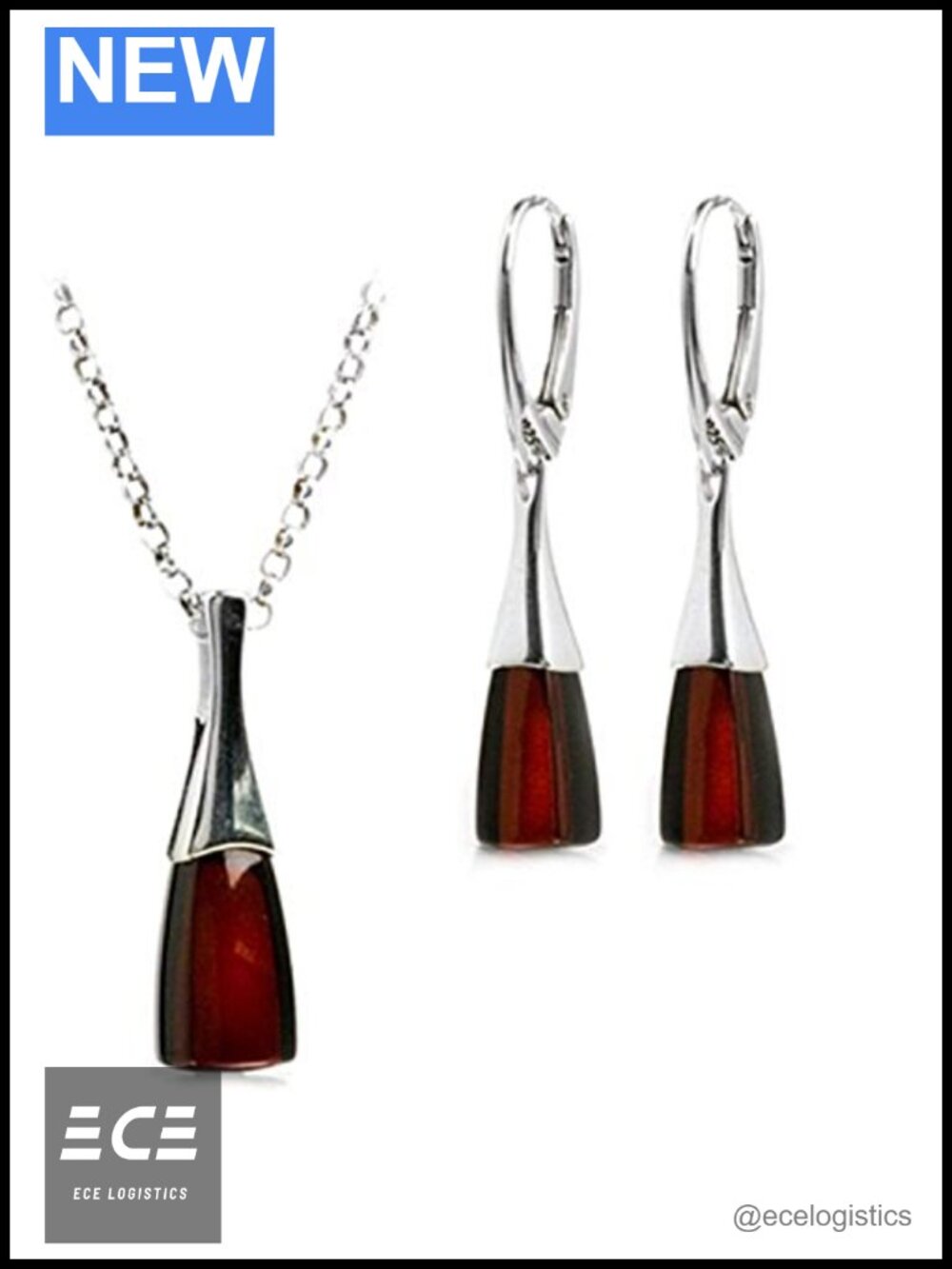Sterling Silver Amber Earrings & Necklace Set 18" Rolo Chain